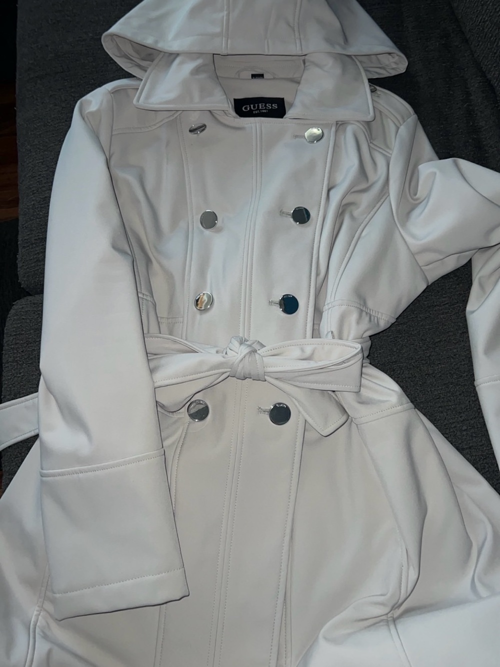 GUESS Cream Double-Breasted Trench Coat with Belt and Hood
